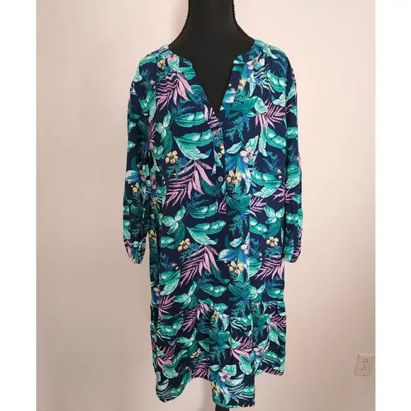 LOFT Womens Large Blue Floral Leaf Print Dress Tropical Boho Hawaiian Vacation - Picture 1 of 8
